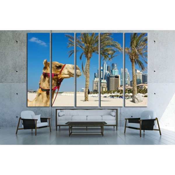 Camel at the urban building background of Dubai. UAE №2224 Ready to Hang Canvas Print Discount - Image 3