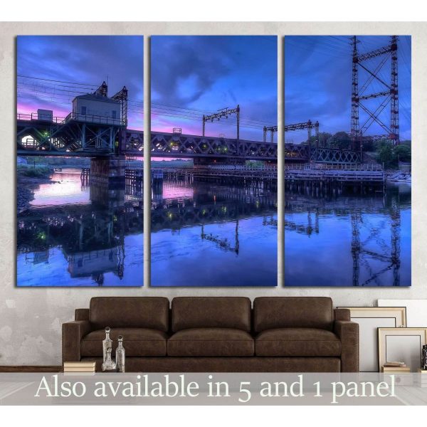 Rusty train bridge going over the harbor under a pink sunset №2062 Ready to Hang Canvas Print Sale