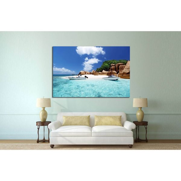 speed boat on the beach of Coco Island, Seychelles №2512 Ready to Hang Canvas Print Sale - Image 3