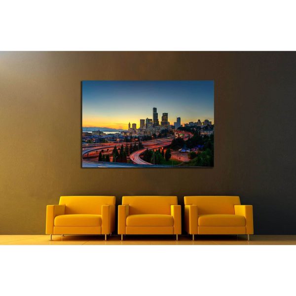 Seattle skylines and highway traffic motion in the sunset. The view from Rizal Park in Seattle, Washington, US №2180 Ready to Hang Canvas Print Online Sale - Image 3