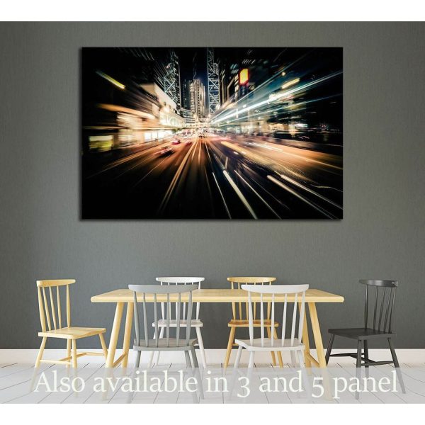 Moving through modern city street with illuminated skyscrapers. Hong Kong №2184 Ready to Hang Canvas Print Online Sale
