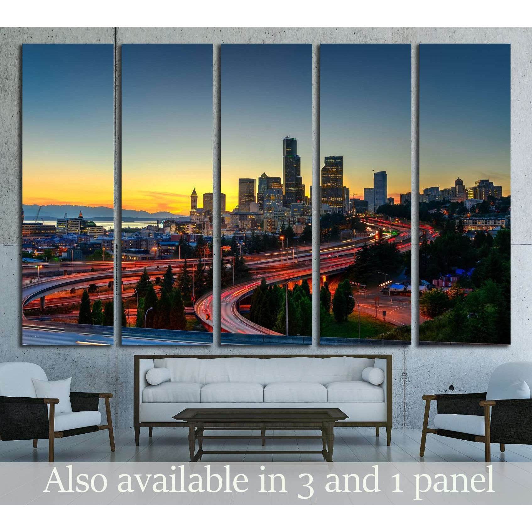 Seattle skylines and highway traffic motion in the sunset. The view from Rizal Park in Seattle, Washington, US №2180 Ready to Hang Canvas Print Online Sale