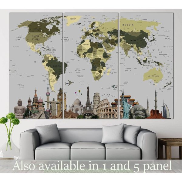 World Map With Landmarks №107 Ready to Hang Canvas Print Online Sale