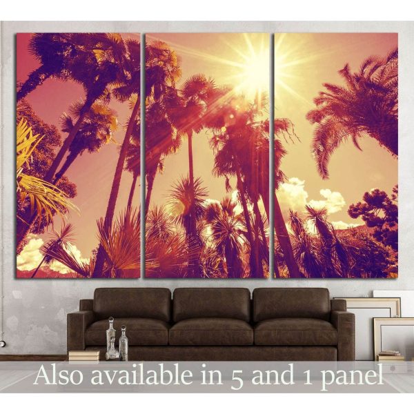 Sun shining through tall palm trees №897 Ready to Hang Canvas Print Sale