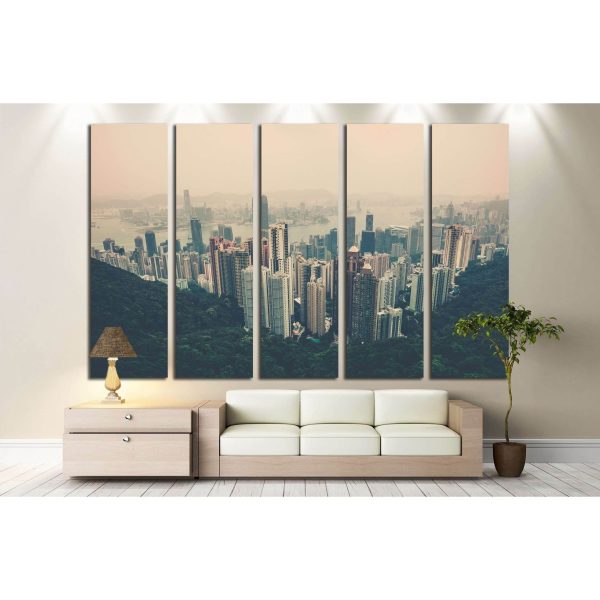 Haze Hong Kong downtown view from Victoria peak. Filtered shot №2314 Ready to Hang Canvas Print Discount - Image 2