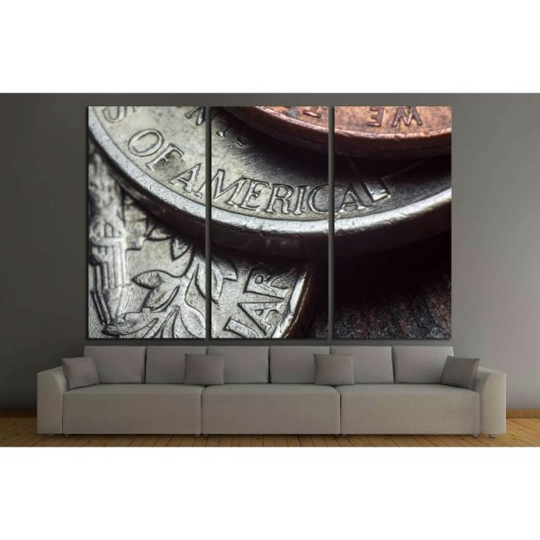 Macro closeup pile of loose change with word America №2135 Ready to Hang Canvas Print Cheap - Image 2